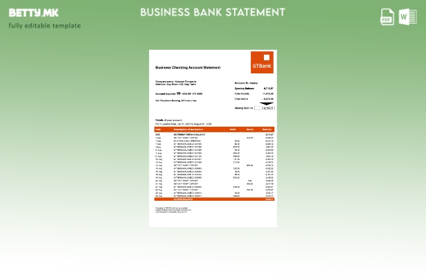 модерен стил Нигерија GTBank цврста сметка на шаблон Word и PDF